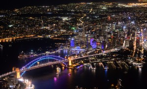 VIVID LIGHT FESTIVAL PHOTOGRAPHED FROM 2100 FEET ABOVE SYDNEY, AUSTRALIA